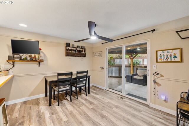 816 SW Chablis Ct, Dundee, OR 97115 - dining room featuring a ceiling fan, light wood finished floors, and baseboards