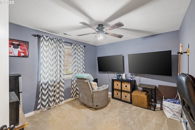 816 SW Chablis Ct, Dundee, OR 97115 - sitting room featuring carpet, a ceiling fan, a textured ceiling, and baseboards