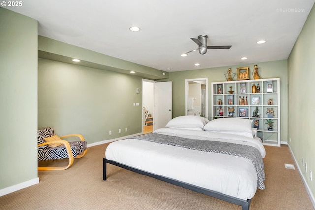 carpeted bedroom with recessed lighting, baseboards, connected bathroom, and ceiling fan