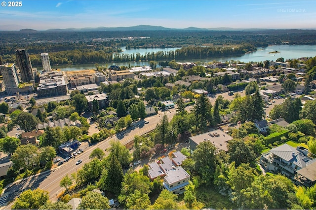 aerial view of property and surrounding area with a water and mountain view and a heavily wooded area