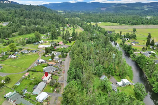 aerial overview of property's location with a heavily wooded area and mountains