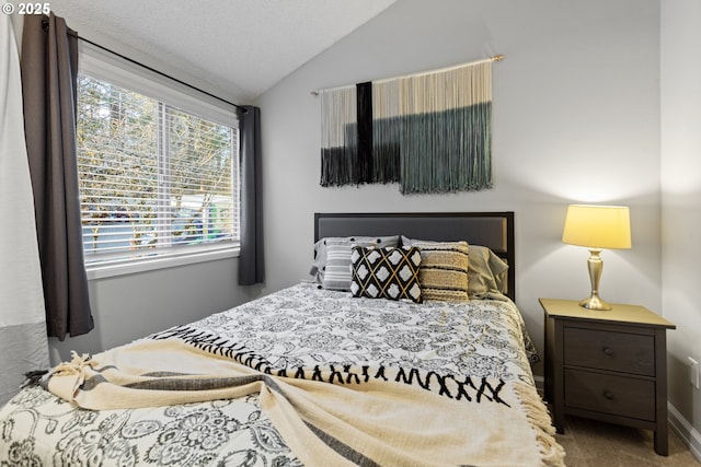 bedroom with lofted ceiling and carpet flooring