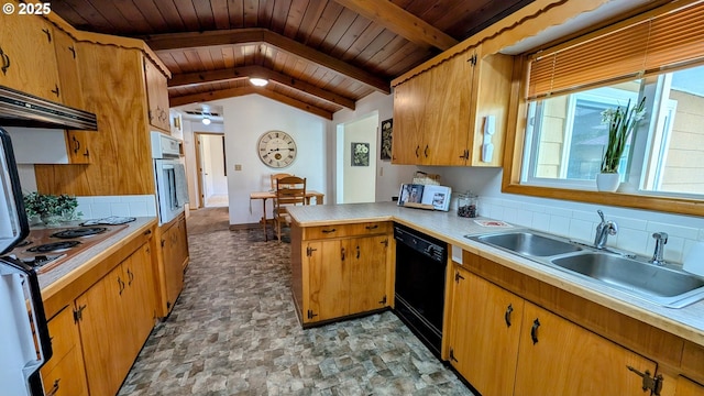 4845 Elizabeth St N, Keizer, OR 97303 - kitchen with dishwasher, wood ceiling, oven, a sink, and stone finish floors