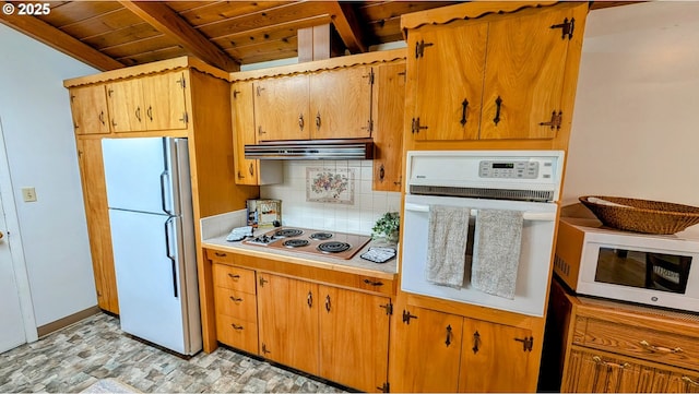 4845 Elizabeth St N, Keizer, OR 97303 - kitchen with white appliances, backsplash, light countertops, under cabinet range hood, and wooden ceiling with exposed beams