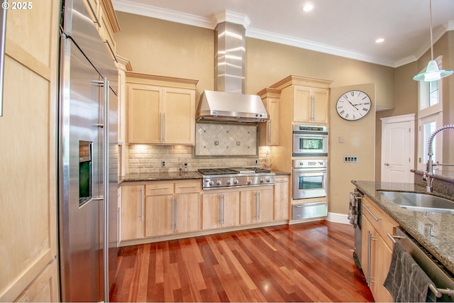 34103 Adler Ln, Creswell, OR 97426 - kitchen with appliances with stainless steel finishes, a sink, light brown cabinets, wall chimney range hood, and ornamental molding