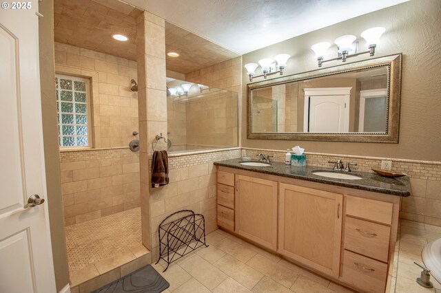 34103 Adler Ln, Creswell, OR 97426 - full bath featuring tile walls, a walk in shower, double vanity, and tile patterned floors