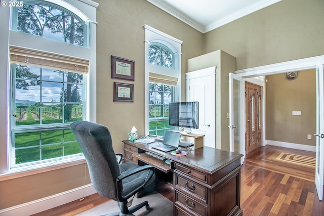 34103 Adler Ln, Creswell, OR 97426 - home office featuring ornamental molding, a towering ceiling, baseboards, wood finished floors, and french doors