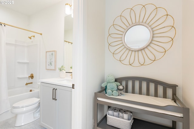 bathroom with shower / bathtub combination with curtain, toilet, and vanity