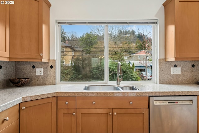 kitchen with a sink, tasteful backsplash, stainless steel dishwasher, and tile counters