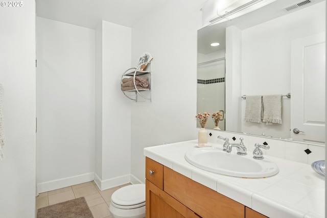 full bathroom with visible vents, toilet, tile patterned floors, vanity, and a shower