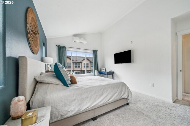 bedroom with an AC wall unit, baseboards, vaulted ceiling, and carpet