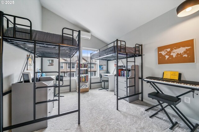 carpeted bedroom featuring a wall mounted AC and lofted ceiling