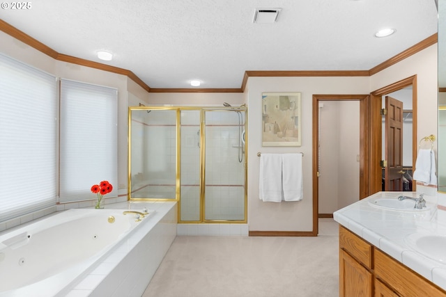 14479 Pfeifer Dr, Lake Oswego, OR 97035 - full bath featuring a stall shower, a tub with jets, double vanity, ornamental molding, and a textured ceiling