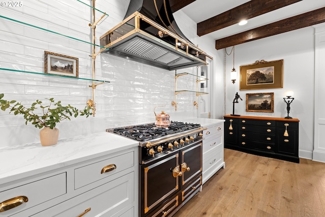 26817 SW Cade Ln, West Linn, OR 97068 - kitchen with double oven range, premium range hood, decorative backsplash, light wood-style floors, and beam ceiling