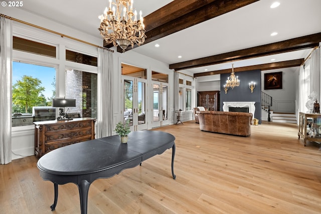 26817 SW Cade Ln, West Linn, OR 97068 - dining space featuring a chandelier, beamed ceiling, plenty of natural light, light wood-style flooring, and recessed lighting