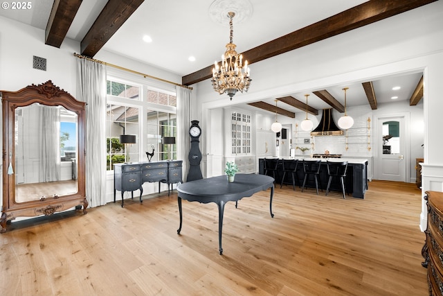 26817 SW Cade Ln, West Linn, OR 97068 - dining room with beam ceiling, light wood-type flooring, a chandelier, and recessed lighting