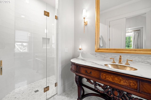 26817 SW Cade Ln, West Linn, OR 97068 - full bathroom featuring a shower stall, vanity, ornamental molding, and baseboards