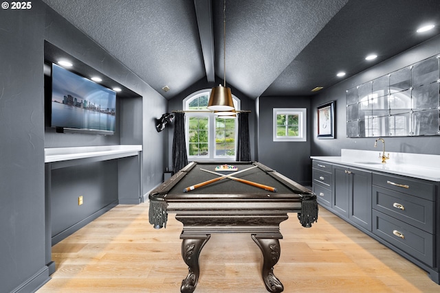 26817 SW Cade Ln, West Linn, OR 97068 - recreation room with pool table, light wood-style flooring, a textured ceiling, vaulted ceiling, and recessed lighting