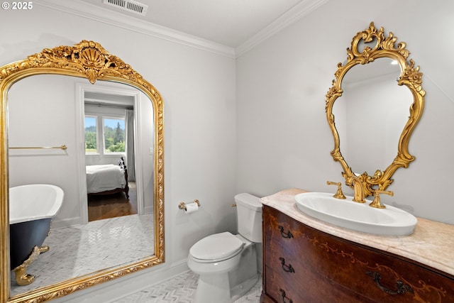 26817 SW Cade Ln, West Linn, OR 97068 - bathroom with vanity, a soaking tub, baseboards, crown molding, and ensuite bath