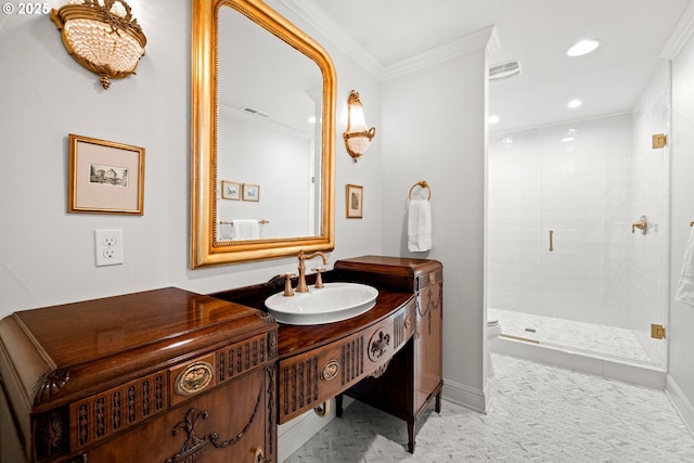 26817 SW Cade Ln, West Linn, OR 97068 - full bath featuring a stall shower, crown molding, vanity, toilet, and recessed lighting