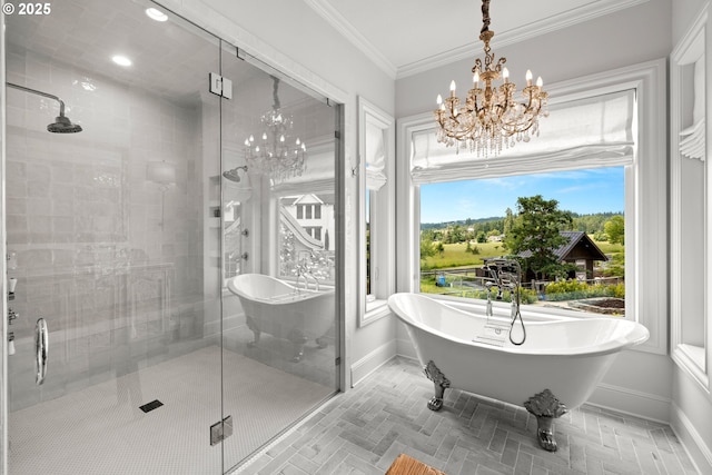 26817 SW Cade Ln, West Linn, OR 97068 - bathroom with a chandelier, baseboards, a shower stall, and crown molding