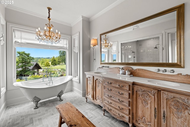 26817 SW Cade Ln, West Linn, OR 97068 - full bathroom with a chandelier, tiled shower, double vanity, baseboards, and ornamental molding