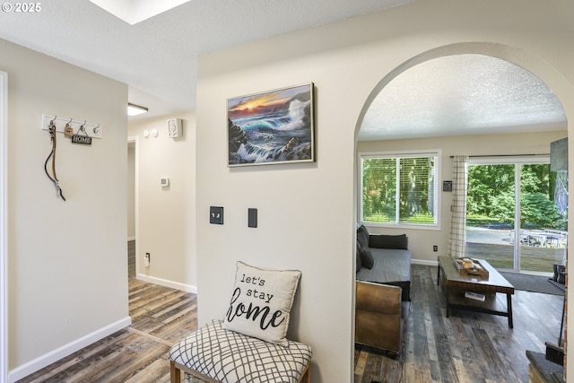 living area featuring dark hardwood / wood-style flooring and a textured ceiling