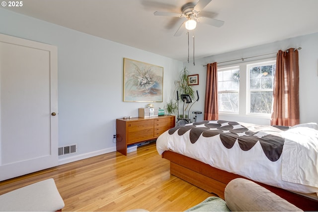 bedroom with visible vents, ceiling fan, light wood-style flooring, and baseboards