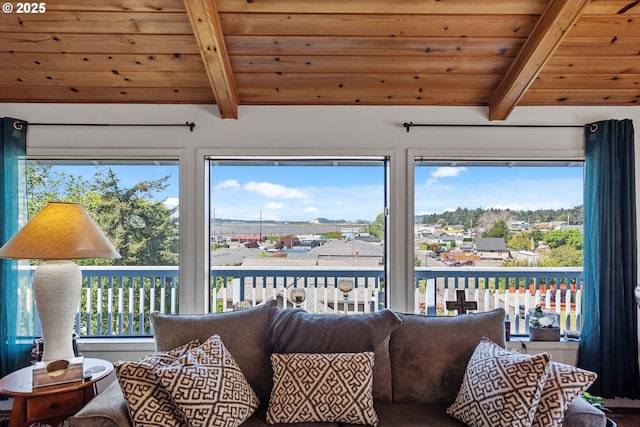 2144 Hamilton St, North Bend, OR 97459 - sunroom featuring wood ceiling, beamed ceiling, and healthy amount of natural light