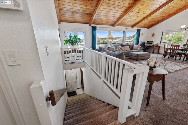 2144 Hamilton St, North Bend, OR 97459 - stairway with carpet flooring, wooden ceiling, and a textured wall