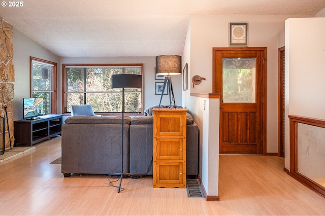 living room with lofted ceiling, a textured ceiling, and light wood-type flooring