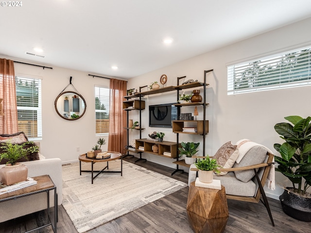 sitting room with dark hardwood / wood-style flooring