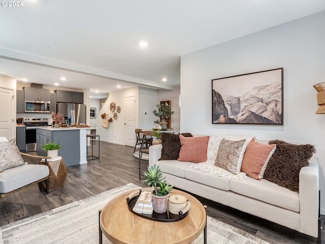 living room with dark hardwood / wood-style flooring