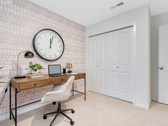 home office with light carpet