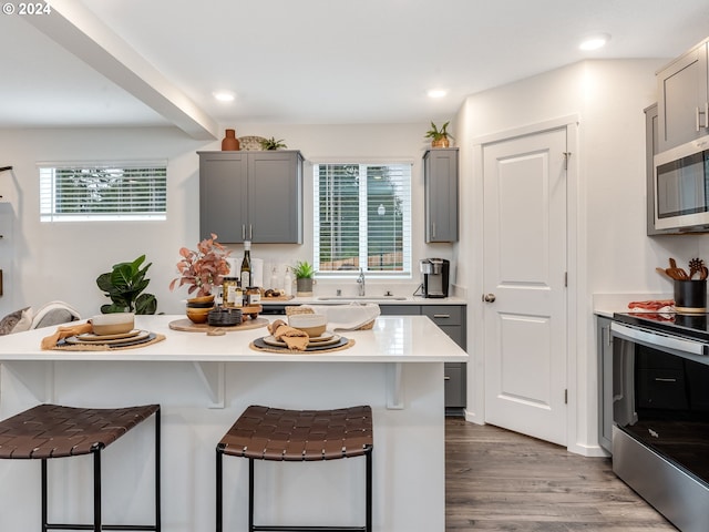 kitchen with plenty of natural light, appliances with stainless steel finishes, gray cabinets, and a breakfast bar area