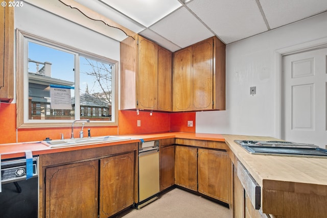 kitchen with butcher block countertops, a paneled ceiling, dishwasher, and sink