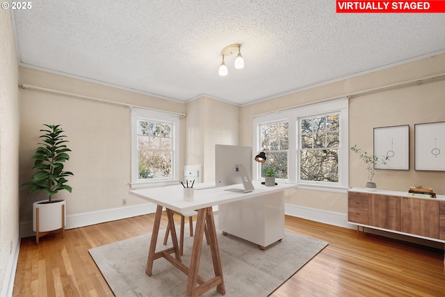 home office with light hardwood / wood-style floors, a wealth of natural light, and ornamental molding