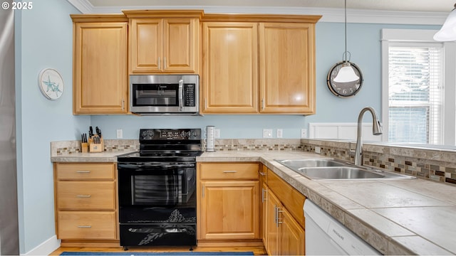 2781 SW Coast Ave, Lincoln City, OR 97367 - kitchen featuring stainless steel microwave, black / electric stove, a sink, crown molding, and light countertops