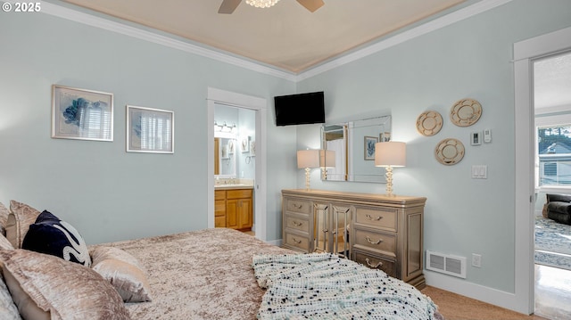 2781 SW Coast Ave, Lincoln City, OR 97367 - bedroom with ornamental molding, light carpet, a sink, baseboards, and ensuite bathroom