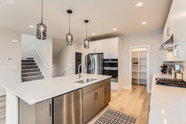 kitchen featuring stainless steel appliances, a sink, white cabinets, an island with sink, and decorative light fixtures