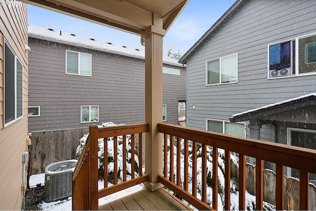 snow covered deck with central air condition unit