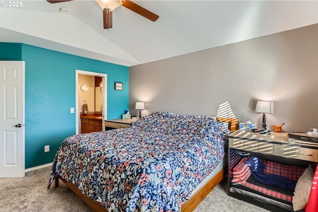 bedroom with ceiling fan, light carpet, and vaulted ceiling