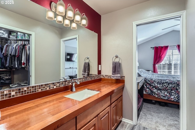 bathroom with hardwood / wood-style floors and vanity