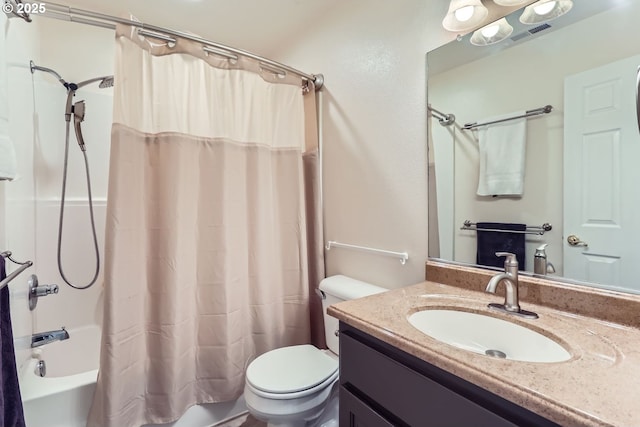 full bathroom featuring vanity, toilet, and shower / bathtub combination with curtain