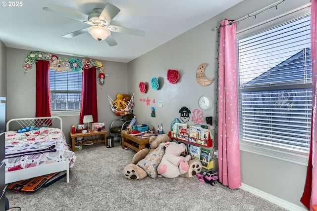 bedroom with carpet flooring and ceiling fan