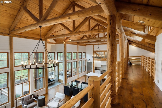 unfurnished living room featuring a notable chandelier, wooden ceiling, high vaulted ceiling, beam ceiling, and dark wood-type flooring