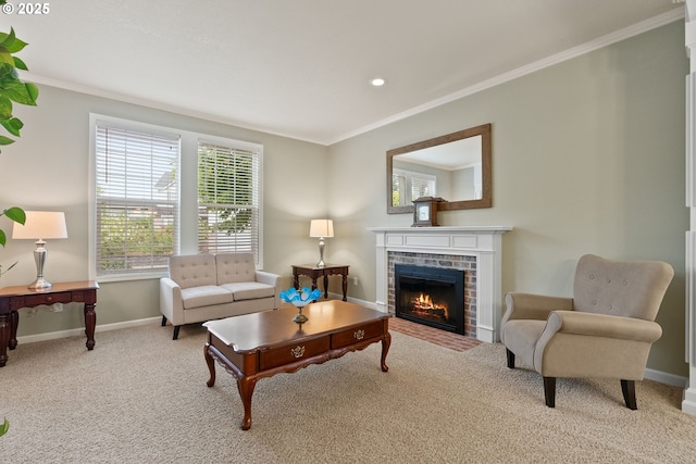 16041 NW Trakehner Way, Portland, OR 97229 - carpeted living area featuring baseboards, a brick fireplace, ornamental molding, and recessed lighting