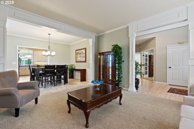 16041 NW Trakehner Way, Portland, OR 97229 - living room with decorative columns, crown molding, a chandelier, and light colored carpet