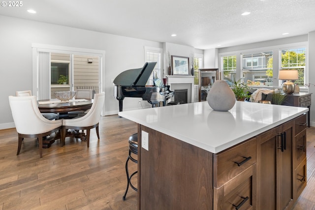 16849 SW Friendly Ln, Beaverton, OR 97007 - kitchen with wood finished floors, a fireplace, recessed lighting, baseboards, and a textured ceiling