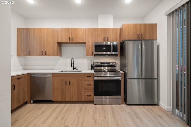 kitchen featuring stainless steel appliances, sink, and light hardwood / wood-style flooring